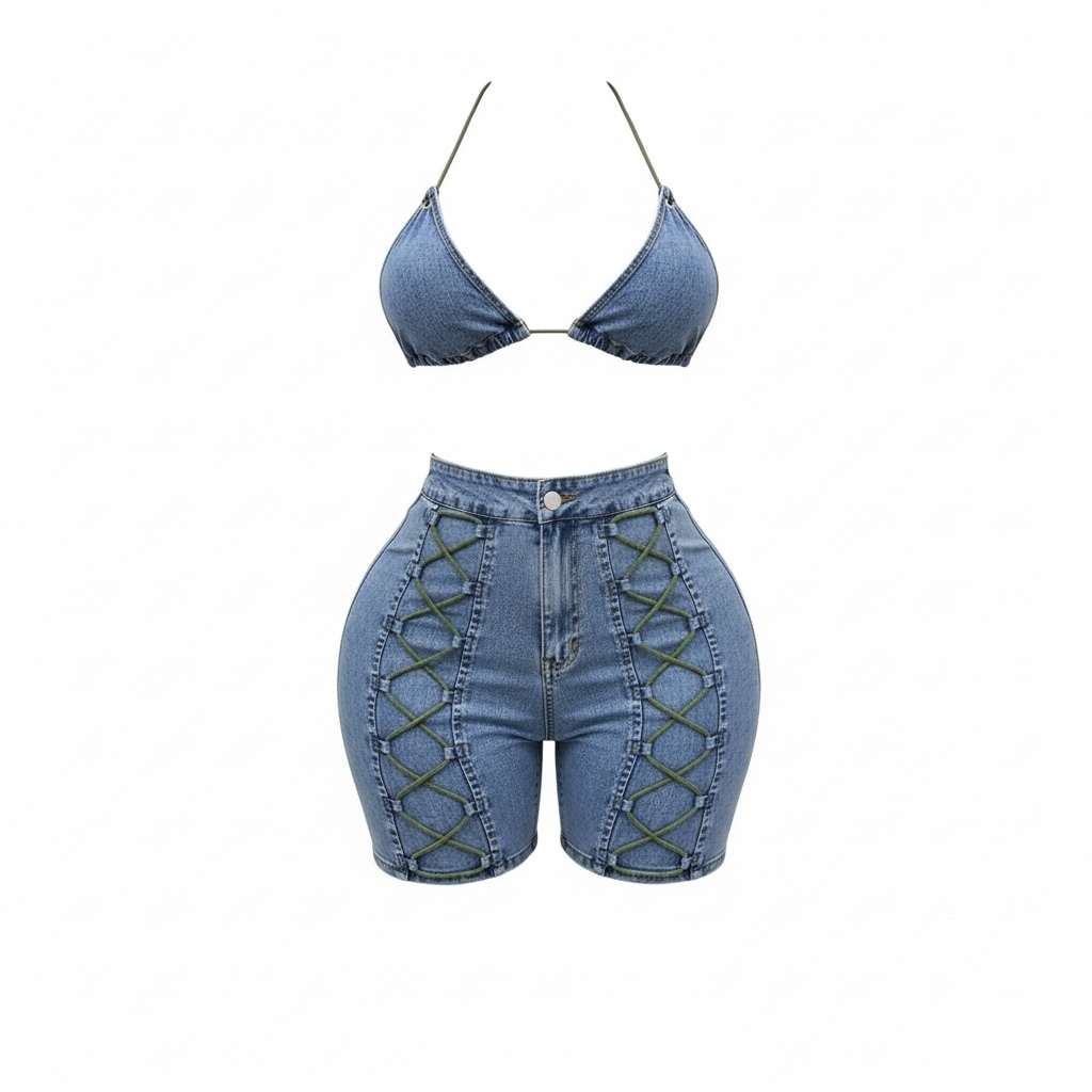 Denim Lace-up Short Set